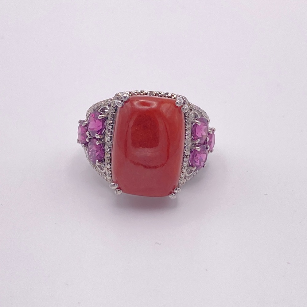 Red Agate and Garnet Ring; 925 Sterling Silver; Size 10